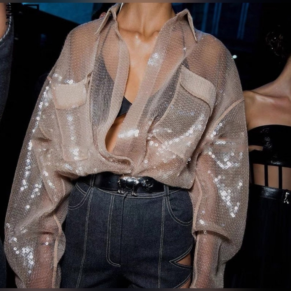 Women V Neck Sequin Blouse Long Sleeve Loose Glitter Tops Sparkle Shimmer Shirt
